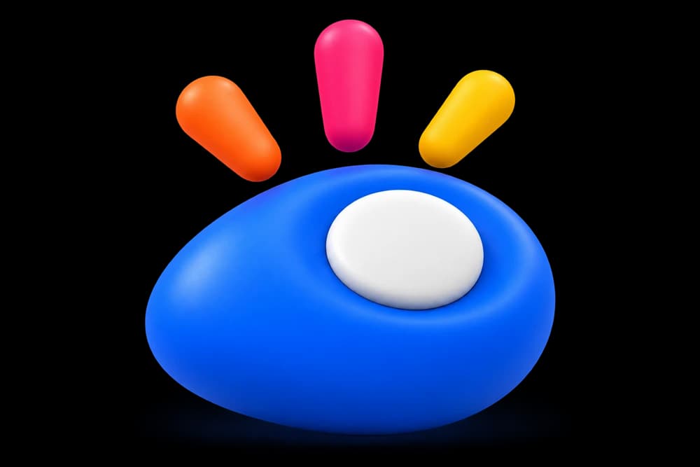 A blue button with a white centre and three colourful sparks